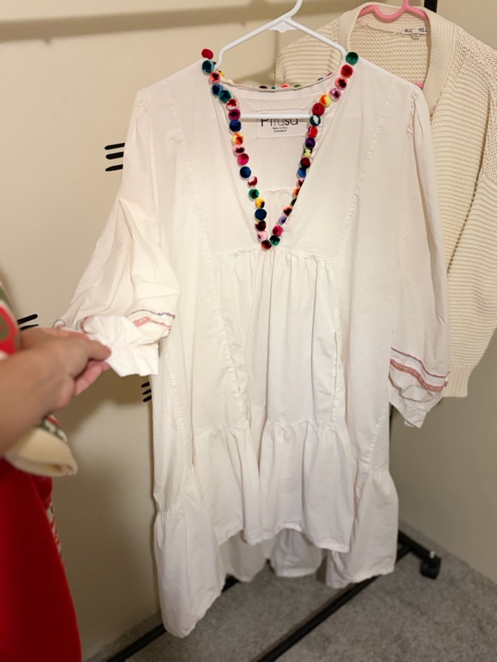Pitusa White V-Neck Dress with Multicolor Pom-Pom Trim